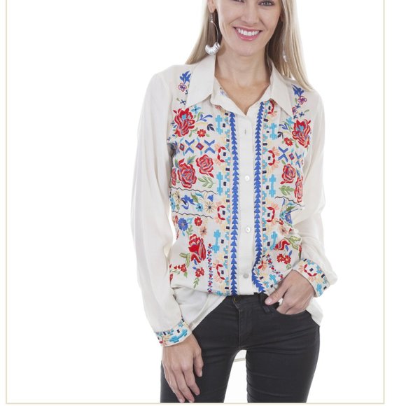 Scully Floral Embroidered Ivory Button Tunic Top - Picture 13 of 13